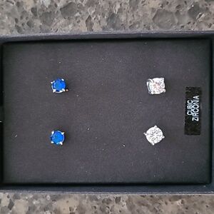 2 sets of cubic zirconia earrings,  clear and blue